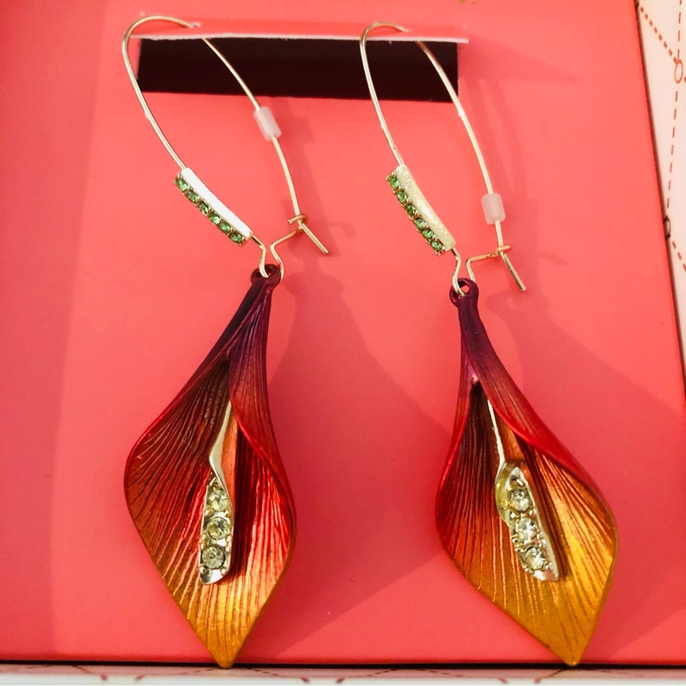 Authentic Betsey Johnson Earrings - Gold Metal Calla Lily Crystal Rhinestone NIB